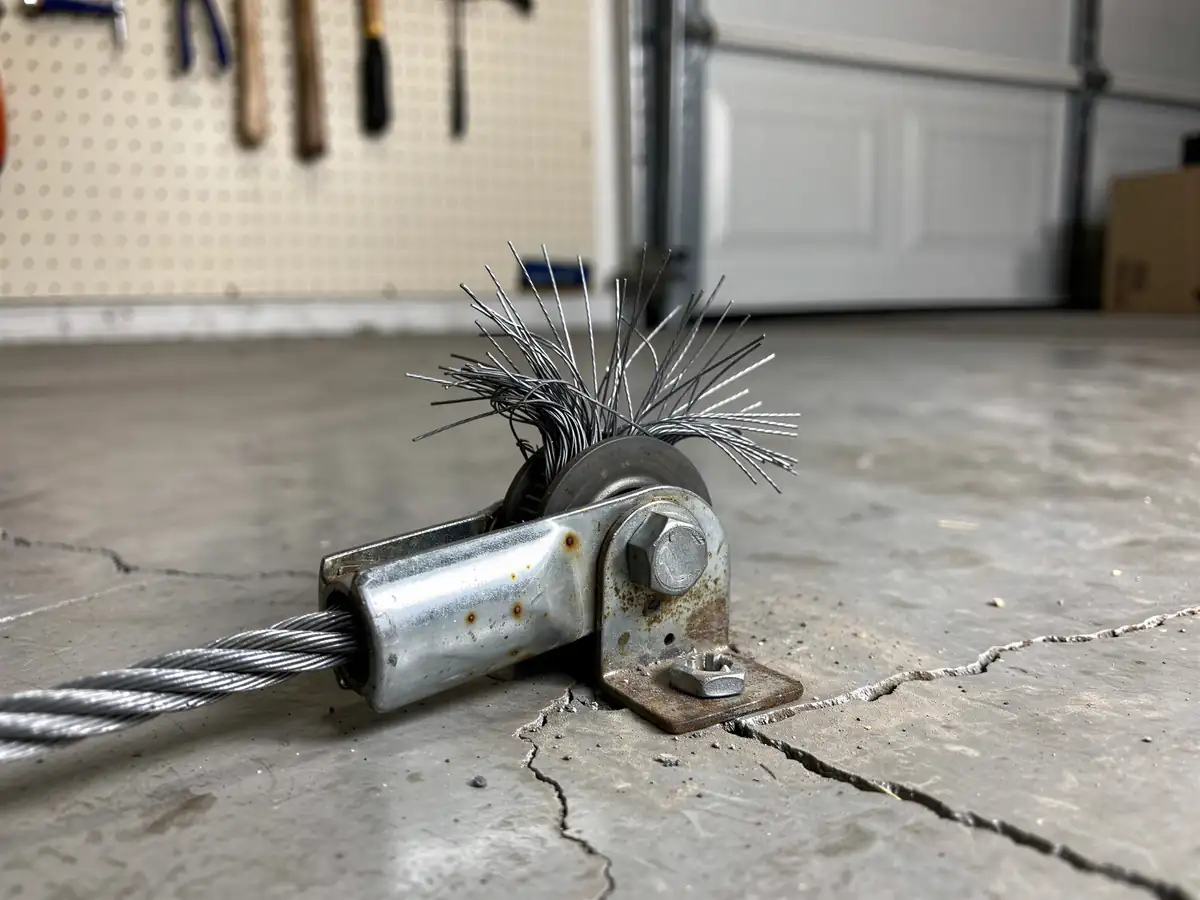A frayed garage door cable is detached from a rusty pulley on a cracked concrete floor.