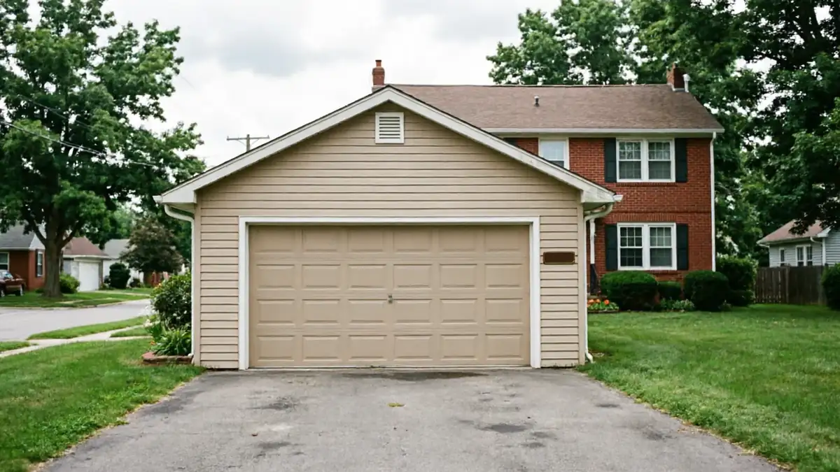 A beige garage door is attached to a brick house with a green lawn.