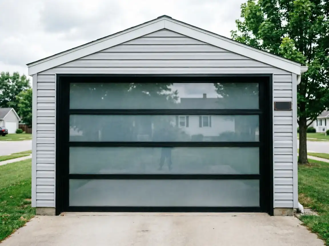 A modern black garage door with frosted glass panels on a gray garage.