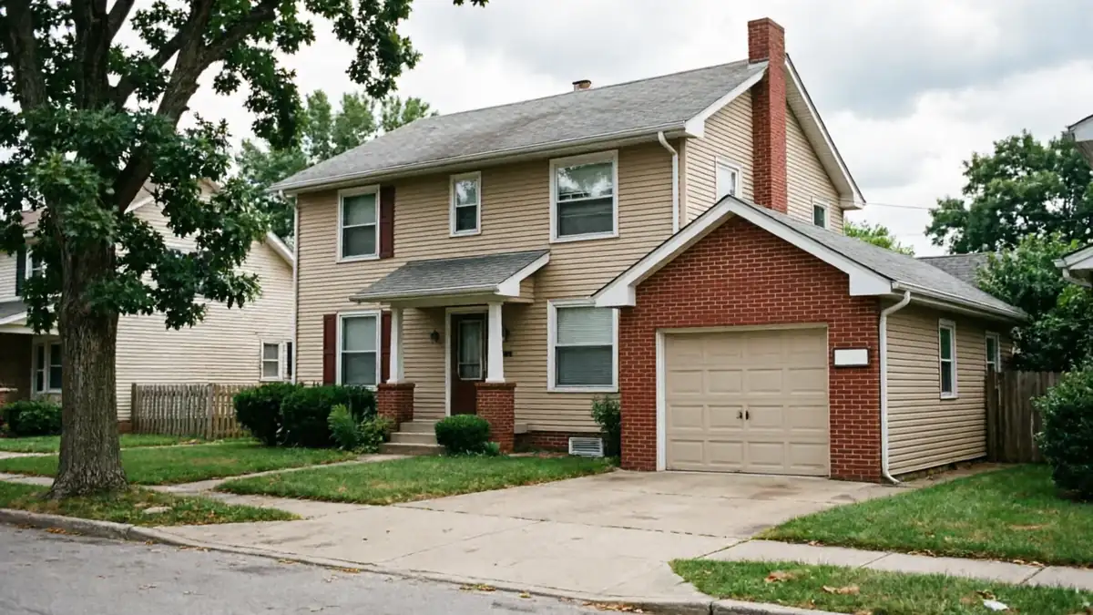 A two-story house with a beige garage door and red brick accents.
