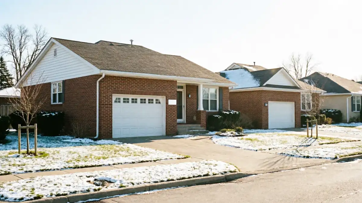 A row of brick houses with white garage doors and snow on the ground.