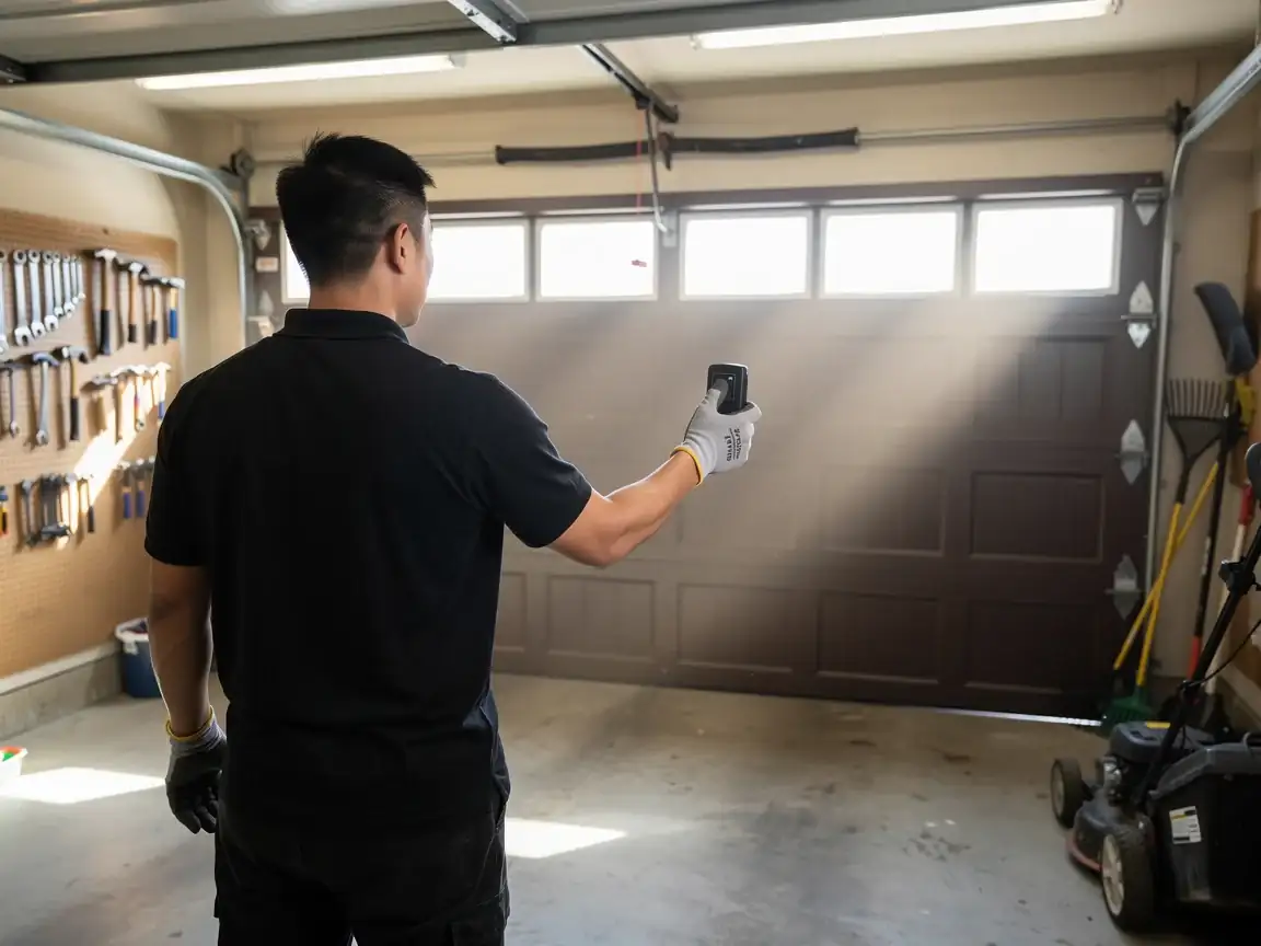 A technician in gloves holds a garage door opener remote, facing a brown garage door.