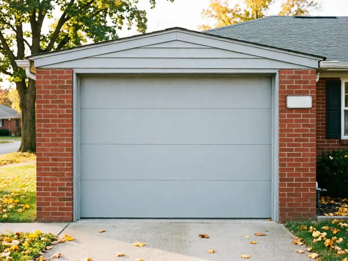 A light gray garage door is set into a red brick house.