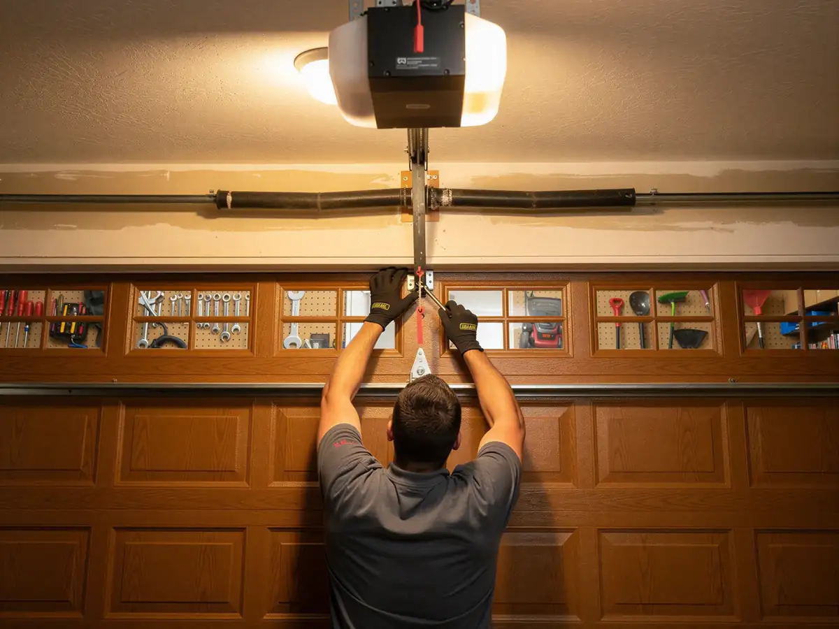 A technician works on a brown garage door with windows and a torsion spring.