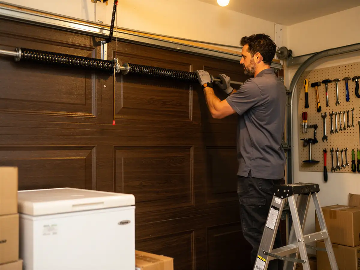 A technician on a ladder adjusts the torsion spring above a brown garage door.