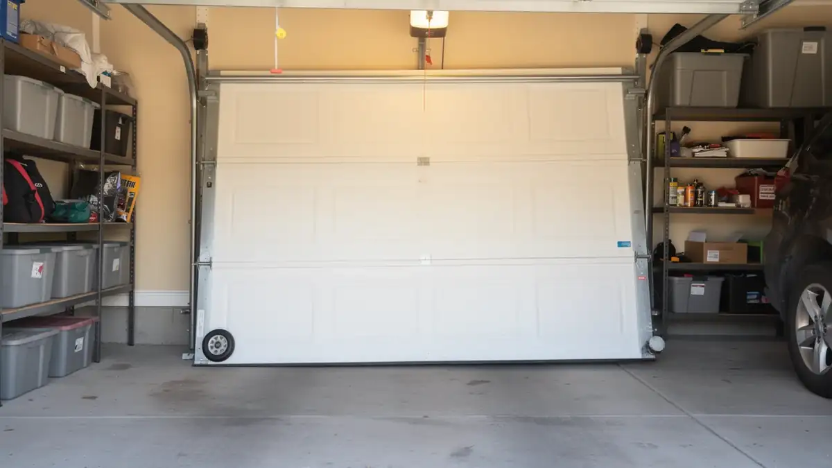 A white garage door is partially open with one roller off the track.